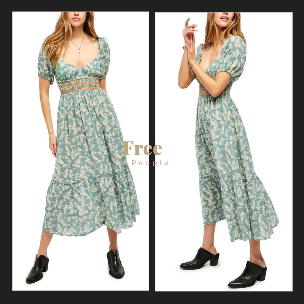 Free People Ellie Print Smocked Midi Dress